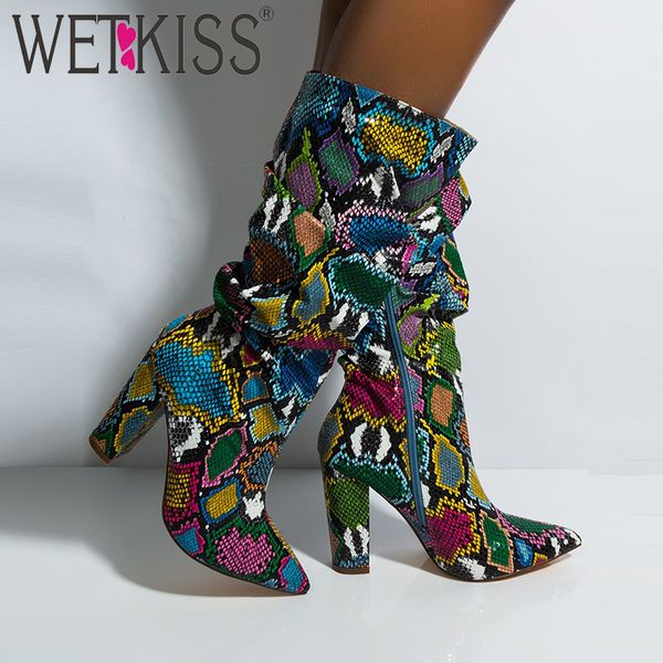 

wetkiss colorful snake skin boots women high heel thick boot snakeskin pointed toe zip shoes female slouch boots pleated autumn y200723, Black