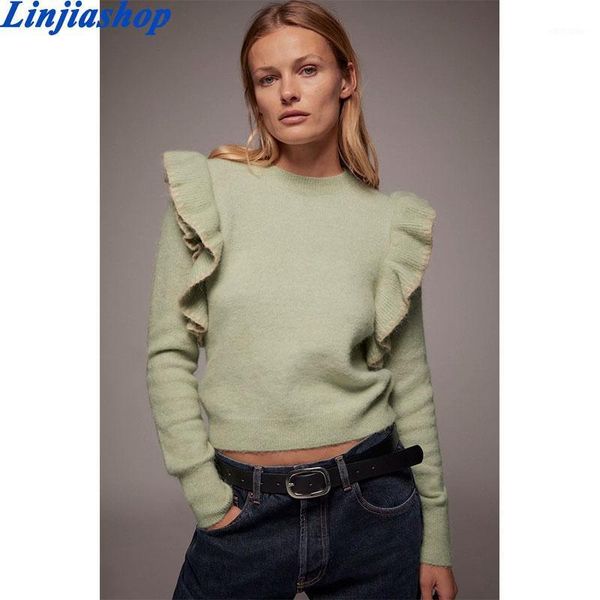 

new women sweet cascading ruffle solid knitting sweater female o neck long sleeve casual chic pullovers pleated 1, White;black