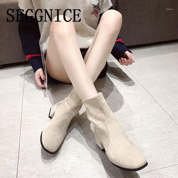 

women sock boots square heels 2020 snow boots botas mujer invierno ladies casual spring shoes booties sock fashion woman shoes1, Black