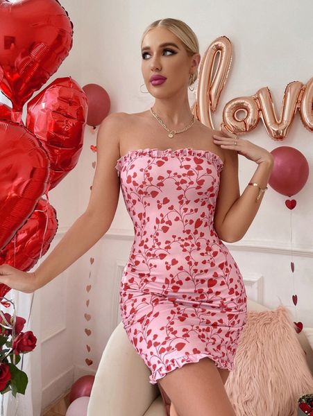 

heart print frill trim tube bodycon dress l7fx#, Black;gray