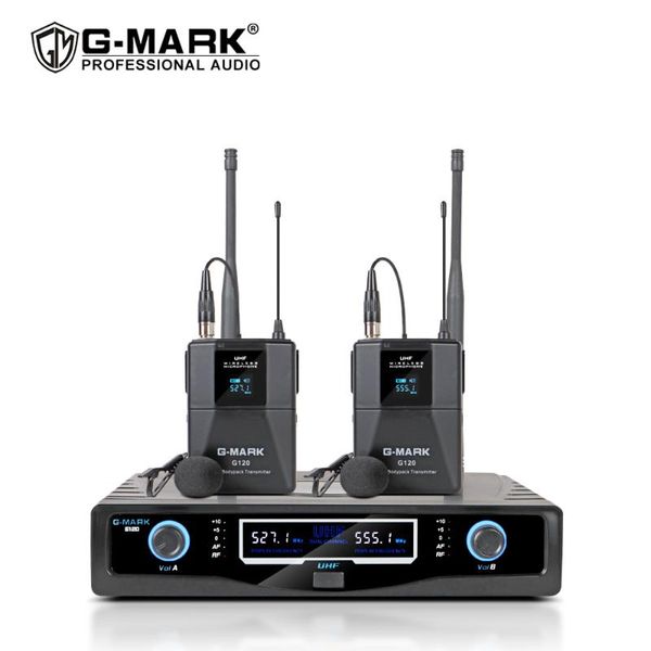 

g-mark g120 lavalier microphone dual way uhf fixed frequency wireless microphone system with 2pcs bodypack + 2pcs lavalier mic