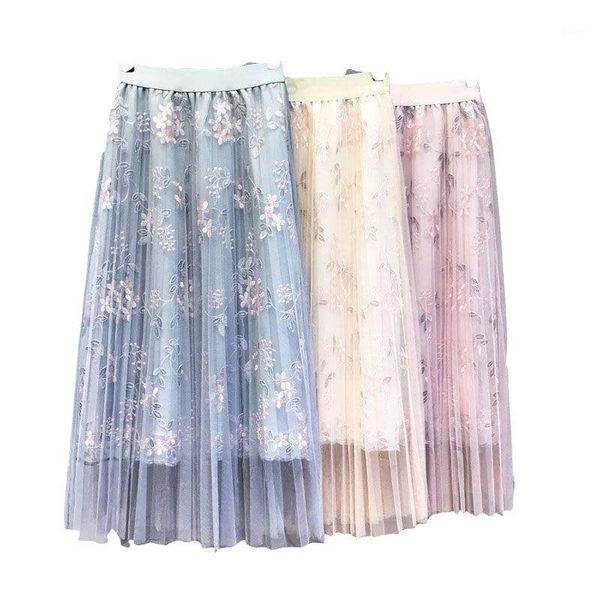 

skirts 2021 spring and summer flowers leaves lace embroidery ladies commute skirt super fairy net yarn women sweet pleated skirt1, Black