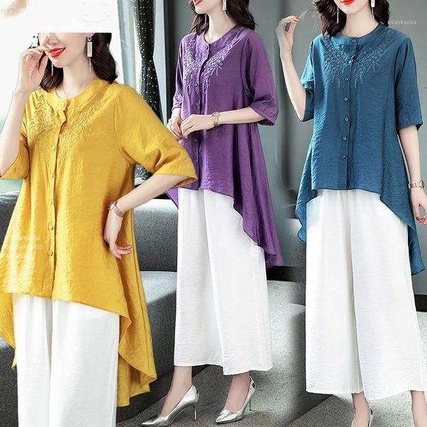 

summer pants suit 2020 women's cotton loose embroidered comfortable linen fabric wide-leg pants large size two-piece set1, White