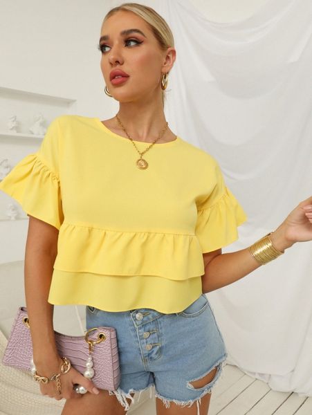 

flounce sleeve layered ruffle hem blouse f1kp#, White
