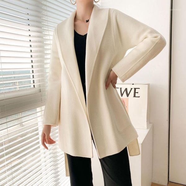 

new 2021 korean mid long wool coat pure color wool coat simple tweed women 2040231, Black