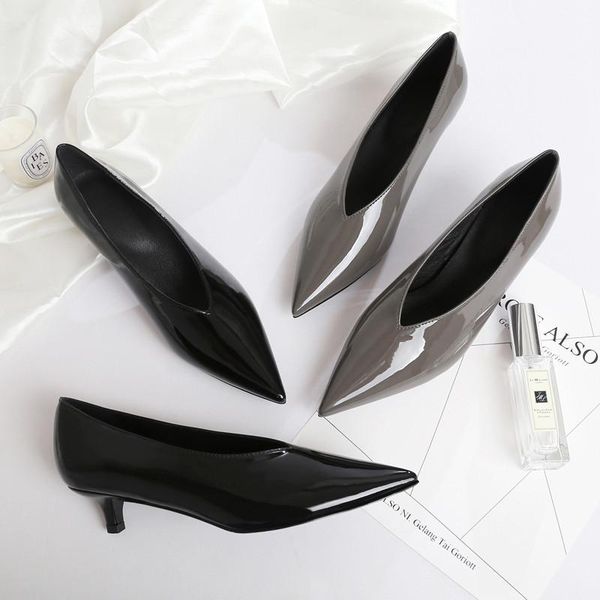 

dress shoes spring summer bright patent leather shallow mouth thin heels office lady pumps pointed toe v- women, Black