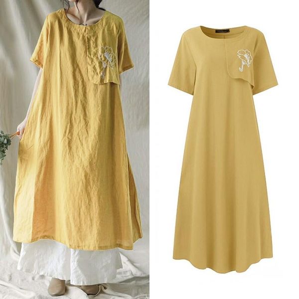 

vintage mid-claf dress women's summer sundress short sleeve embroiderey vestidos female casual robe plus size 5xl kg-512, Black;gray