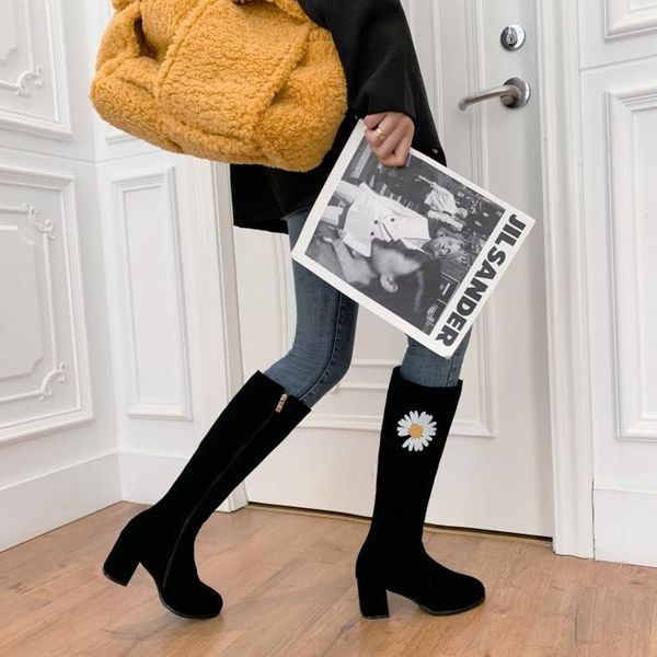 

women knee high boots woman 2021 winter suede low heels embroidered shoes fashion female black red long boots plus size 40