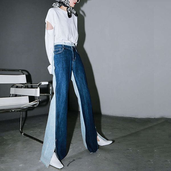 

zhongchuang's new fall 2020 style giant thin long leg double color stitching split straight tube jeans for women, Blue