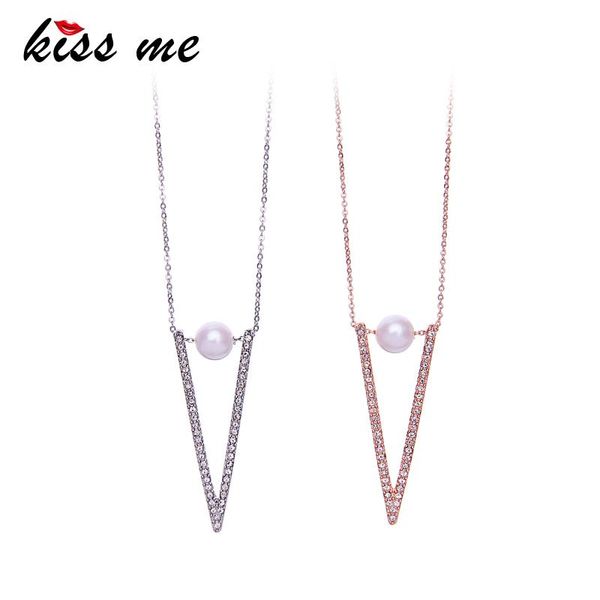 

pendant necklaces kiss me chic triangle rhinestone imitation pearl pendants 2021 style rose gold silver color alloy chain necklace