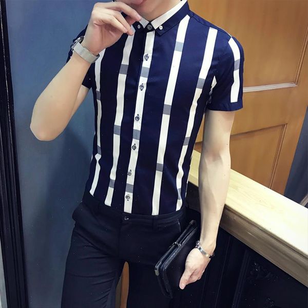 

pattern stripe shirt men 2021 summer men fashion short sleeve slim fit shirt men camisa masculina social formal shirt navy, White;black