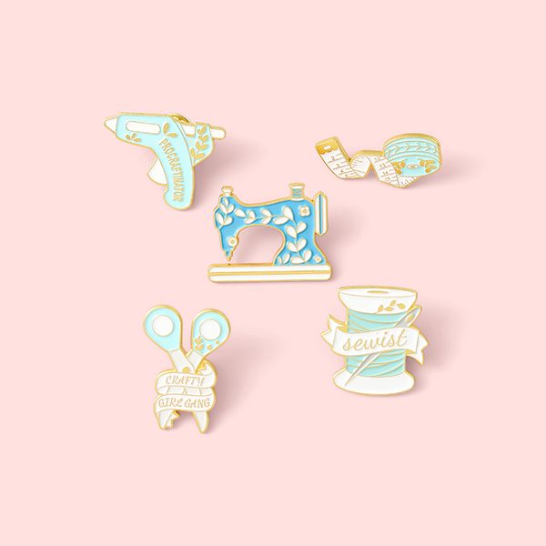

cartoon creativity sewing machine scissors needle yarn enamel pins cute alloy badge fun accessories woman jewelry gift for kid, Blue