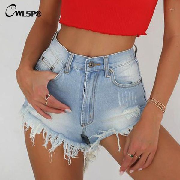 

cwlsp cotton jeans shorts 2020 women's summer denim vintage ripped slim hole tassel shorts for femme with pocket qz27291, Blue