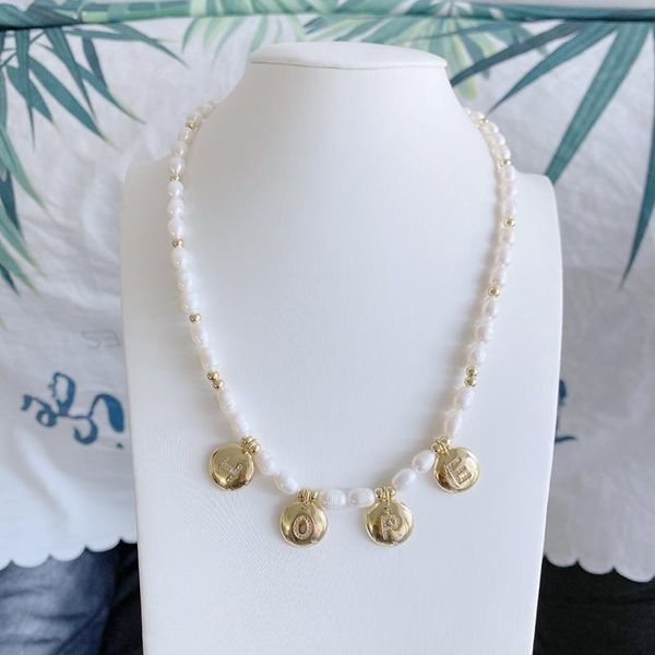 

chokers 5pcs/lot handmade fresh water pearl initial pendant necklace, Golden;silver