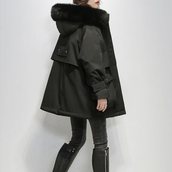 

new winter parka 2021 woman's hood warm cotton lining women's solid parkas loose jacket 1 yie8, Black