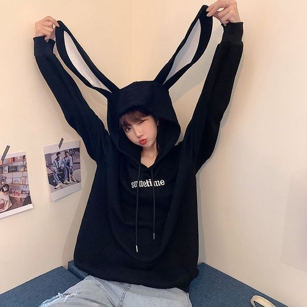 

women's hoodie sweet women to sweatshirts full sleeves white fashion bunny ear hoody coat fashion black loose streetwear 201019