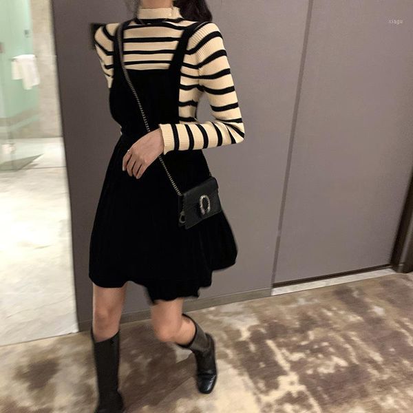 

p shoot 2019 women's dress autumn & winter half-turtle-neck stripes sweater sweater + velvet strap dress pleated1, White;black