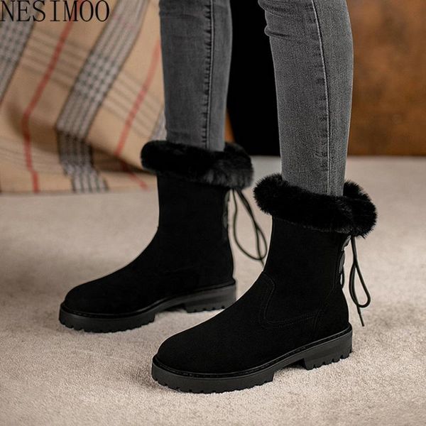 

nesimoo 2021 women flats boots flock round toe lace up ladies shoes winter plush keep warm female boots big size 34-43, Black