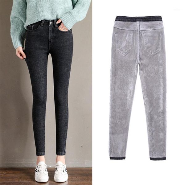 

women fleece jeans stretch thickening jean black blue solid skinny denim pencil pants warm jean plus size streetpant p91821