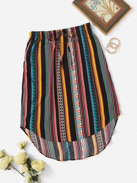 

striped & geo print high low skirt u8pb#, Black