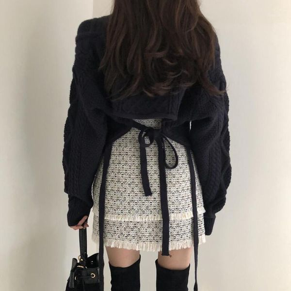 

women autumn winter temperament twist knitted sweater fashion hollow out waist pullover casual short back with bandage1, White;black