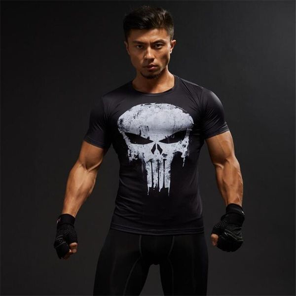 

fashion compression shirts men 3d printed t-shirts short sleeve fitness body building male punk skull skeleton, White;black