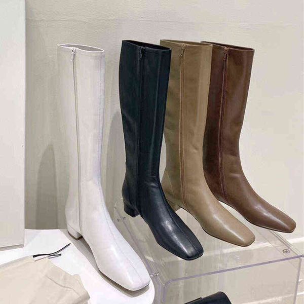 

female boots 2022 by knight boot's high square head below knee leather straight long tube show thin boots, Black