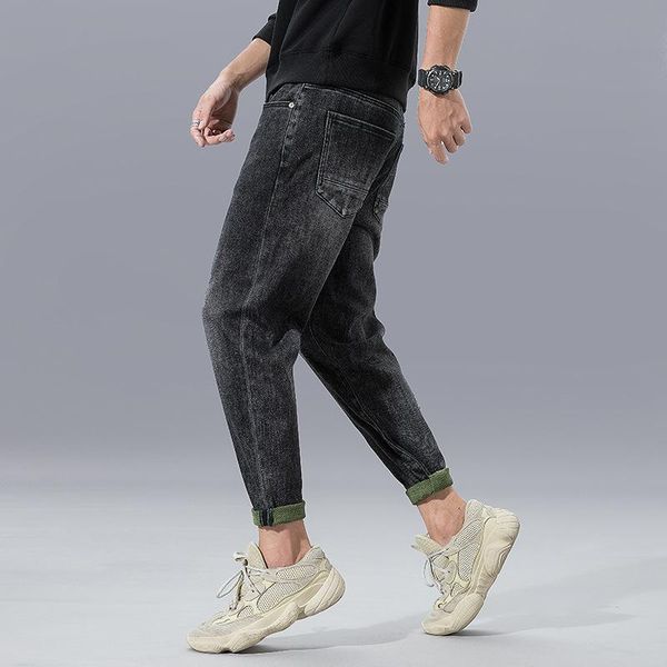 

черный флис джинсы мужские 2020 года зима новый свободный гарем тонкий привязки, связанные с лодыжкой модный все подходящие мужские брюки, Blue