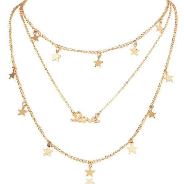 

ty392 woman fashion geometric metal five-pointed star letter love star necklace multi-layer clavicle chain, Silver