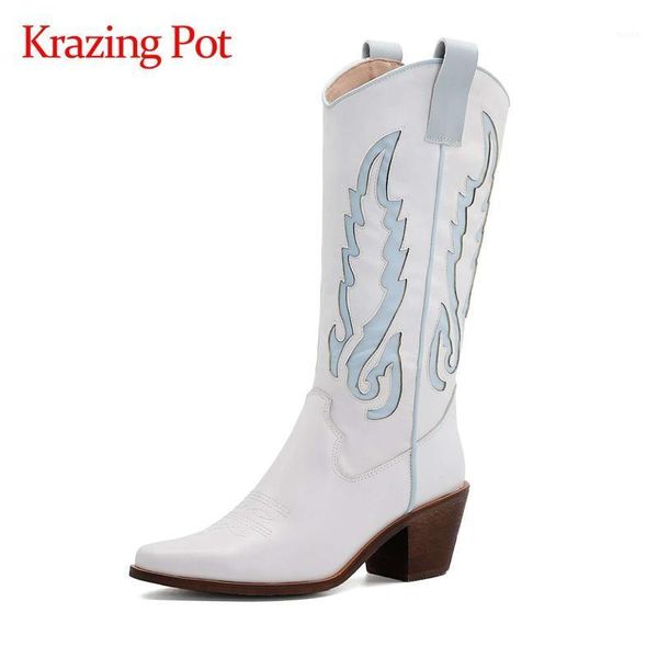 

boots krazing pot big size genuine leather pointed toe high heel western mixed colors winter keep warm modern mid-calf l111, Black
