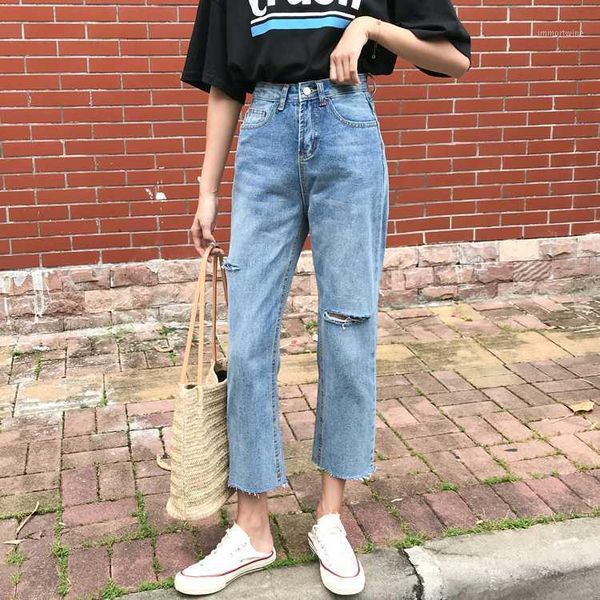 

new 2020 spring summer casual loose high waist jeans women vintage straight denim ripped hole tassel streetwear ankle-leng pants1, Blue