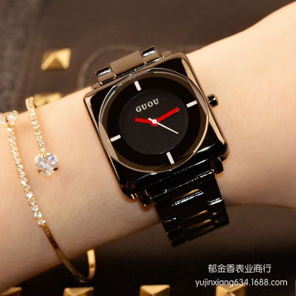 

hk brand wristwatches quartz-watches high-grade women's watches rose gold black stainless steel strap joker square simple luxury 201114, Slivery;brown