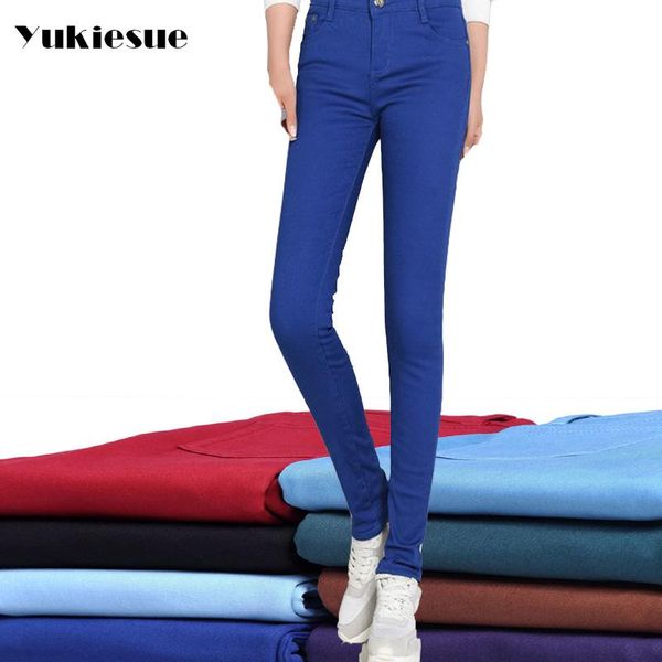 

high waist jeans for women 2020 winter warm with velvet jeans woman skinny slim office denim pencil pants female femme, Blue
