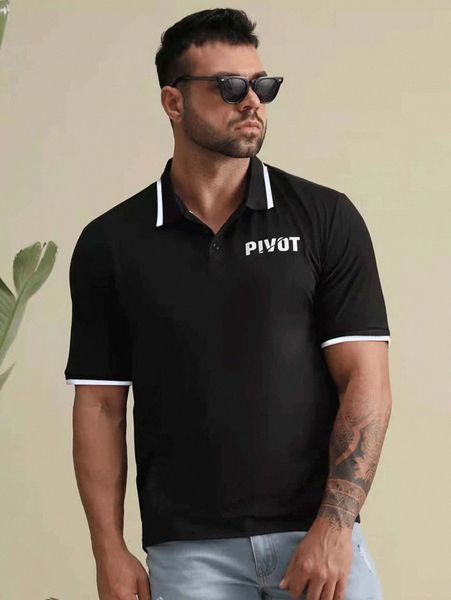 

extended sizes men letter graphic contrast trim polo shirt u8c2#, White;black