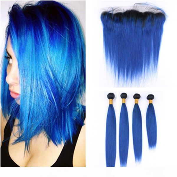 

dark blue ombre virgin hair extensions with frontal #1b blue ombre peruvian straight human hair weaves 4bundles with full lace closure 13x4, Black;brown