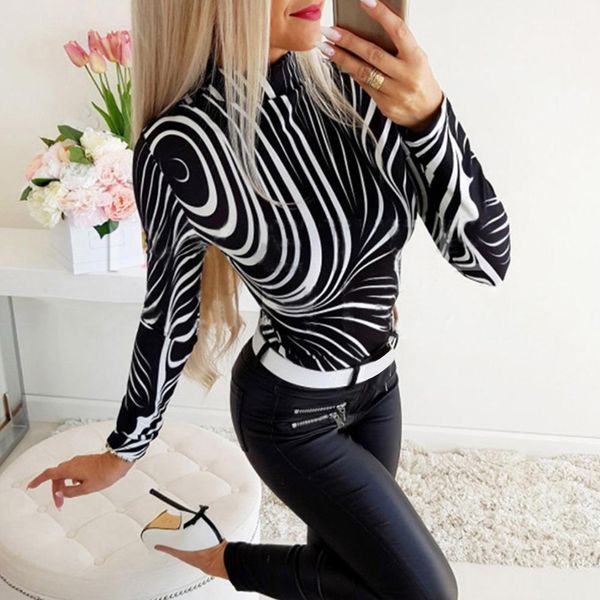 

women autumn print slim fit turtleneck long sleeve t shirter pullover drop shipping good quality, White