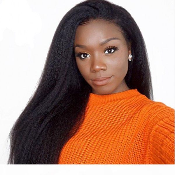 

brazilian human hair kinky straight lace front wigs coarse yaki full lace wig pre plucked hairline for black women, Black;brown
