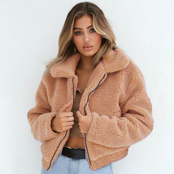 

women's lamb fur coats fashion autumn winter thick warm coat solid long sleeve stand collar zipper casual outerwear overcoat1, Black