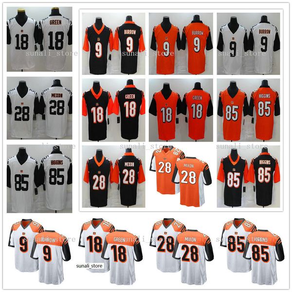 

сшитые 2021 мужчины женщины дети 18 а. дж. green 9 joe burrow 28 joe mixon 85 tee higgins jersey custom футбол оранжевые черные белые рубашк, Black;red