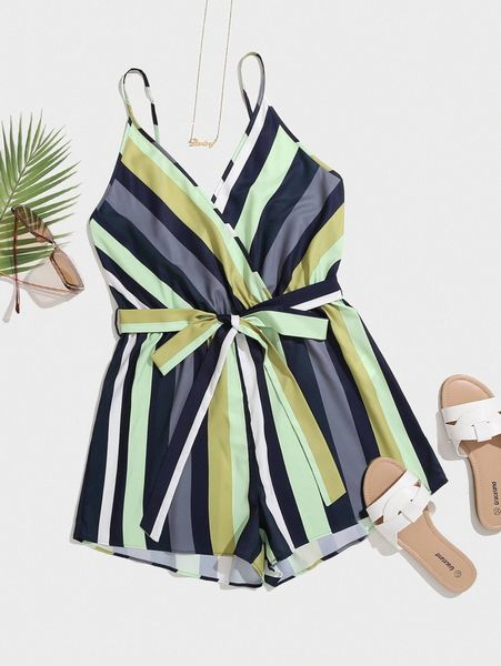 

plus striped surplice front belted cami romper c8lo#, Black