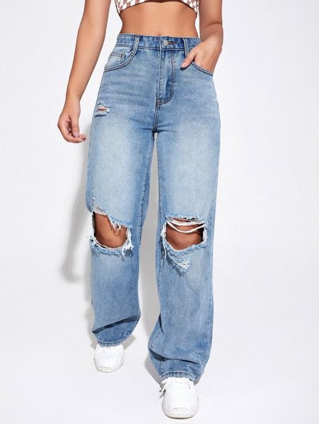

slant pocket ripped straight leg jeans q7lb#, Blue