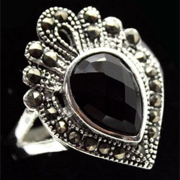 

natural drop black marcasite agate sterling jade 925 silver ring size
