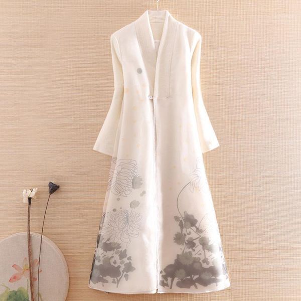 

autumn winter trench coats women outerwear vintage elegant floral wool patchwork organza ink printing lady overcoat female s-xxl1, Red