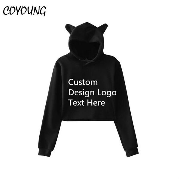 

coyoung brand women diy custom cat ear hoodies long sleeve cropped hooded pullover girls clothes sweatshirts ing, Black