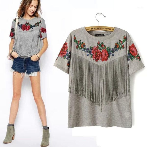 

wholesale-2016 summer new women wholesale short sleeve chest tassel fringed roses floral printed crew neck grey tribal high street t shirt1, White