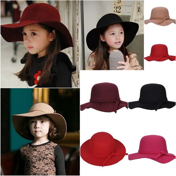 Autunno Inverno Caldo Capretti Ragazze Vintage Berretto a tesa larga Morbido Feltro di Lana Bowknot Bombetta Floppy Bambini Cappello Fedora da Sole Cappelli da Spiaggia M3183