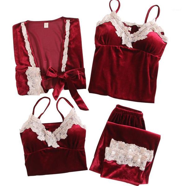 

burgundy velour pajama suit women 4pcs kimono robe nightgown set sleepwear lady winter velvet warm lace folwer bathrobe gown1, Black;red