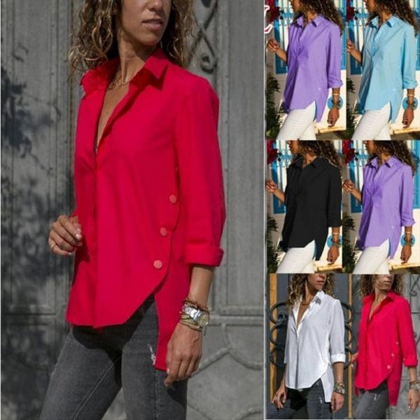 

new casual loose solid irregular blouse for women autumn fashion turn down collar long sleeve female plus size s 5xl shirts, White