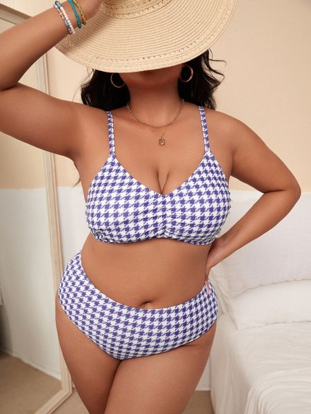 

plus houndstooth print ruched bikini swimsuit 21fk#, Black