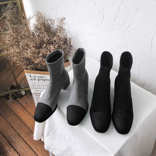 

boots gpokhds 2021 women ankle velvet slip on gray color autumn spring square toe high heels female socks party dress, Black